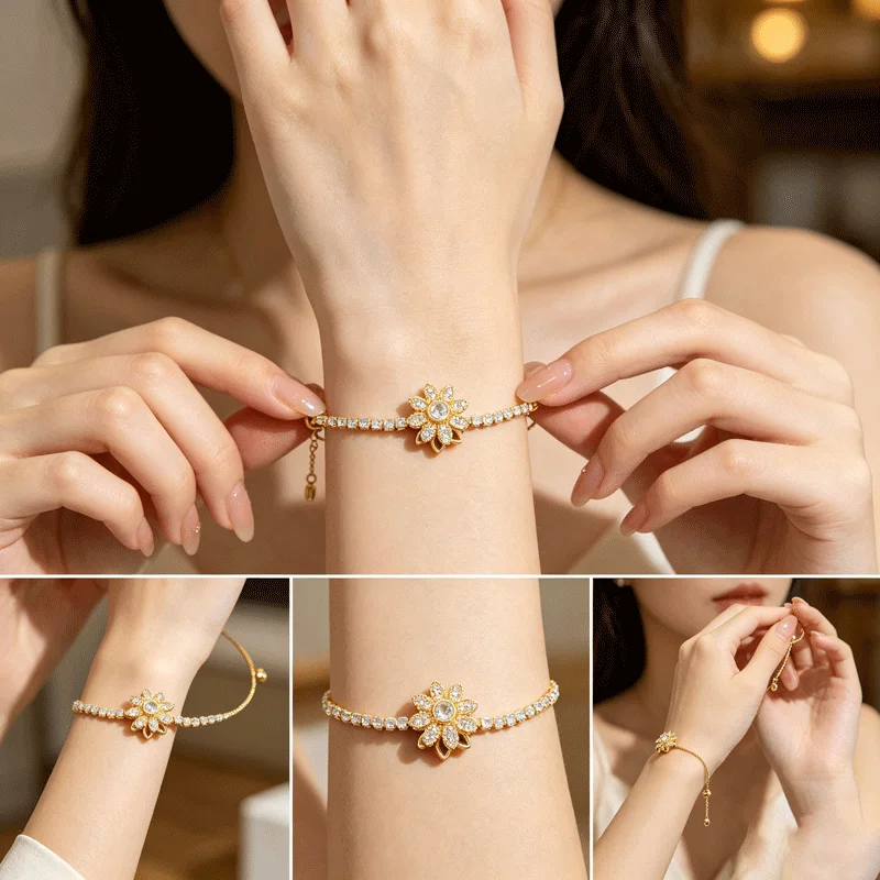 Gold Tone 3D Flower Adjustable Bracelet, Light Luxury Cubic Zirconia Jewelry For Women Daily Wear Wedding Party Gift