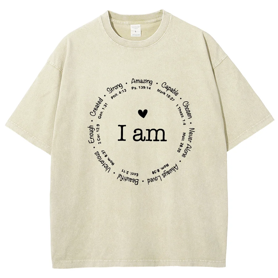 I Am Strong Y2K Washed Short Sleeves T-Shirt, Creative Casual Unisex Oversized Vintage Streetwear New Fashion Plus-Size Tops