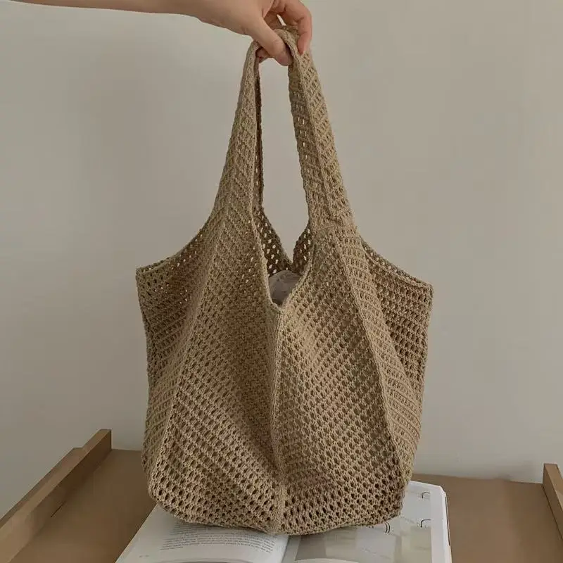 

Fashion Soild Color Women Weave Tote Bag Vintage Sea Travel Storage Shoulder Bag Portable Shopping Commute Women's Bag