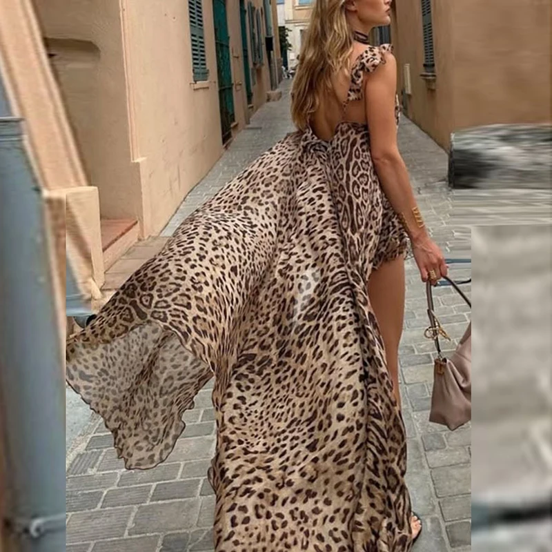 Sexy V-neck Sleeveless Backless Tops 2PC Sets 2025 Summer New Leopard Printed Beachwear Outfits Elegant Chiffon Dress Shorts Set