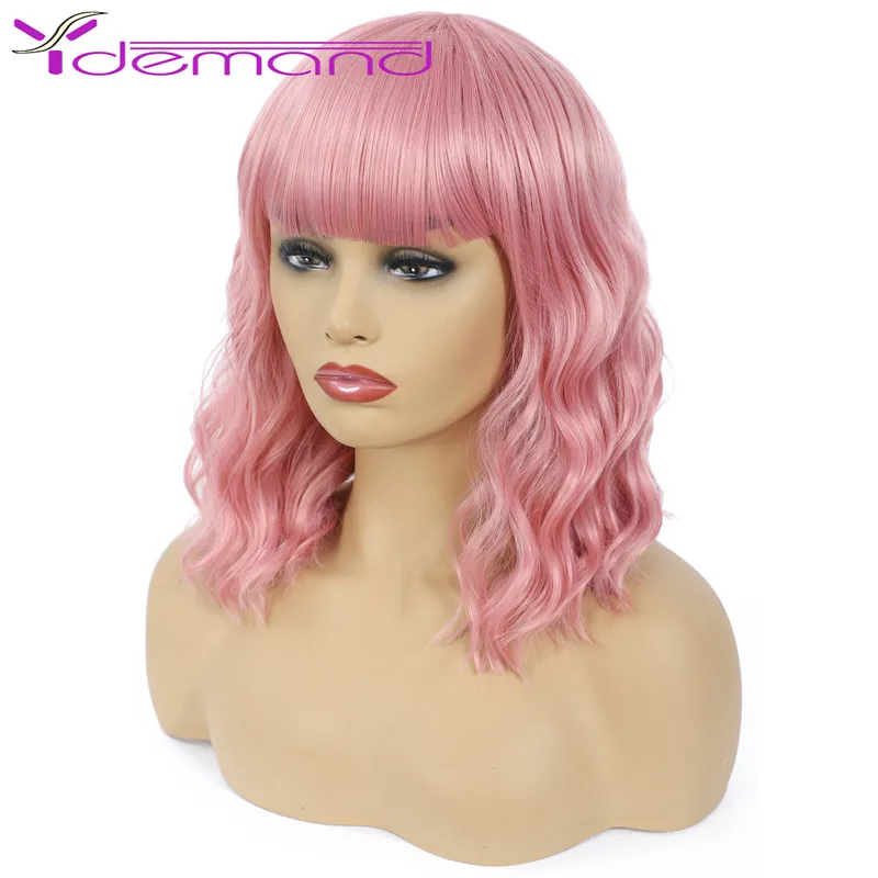 Y Demand Short Natural Wave Hair Synthetic Wigs With Neat Bangs for Women Black Red Pink Blue Green High Quality