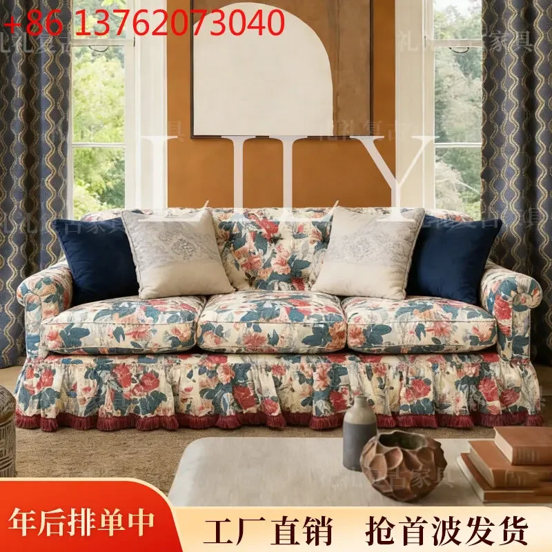 Xx French printed solid wood sofa pastoral villa living room skirt straight sofa