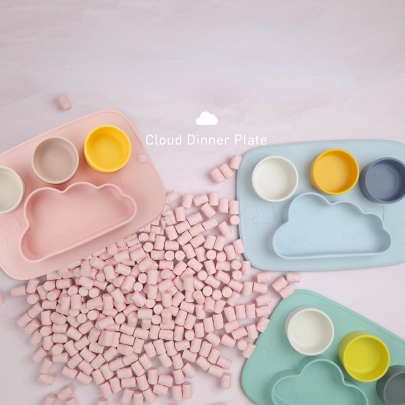 Children's Silicone Plate One-Piece Cloud Shape Anti-Slip Sturdy Grid Baby Safe Healthy Plate Platinum Silicone Sucker Bowl