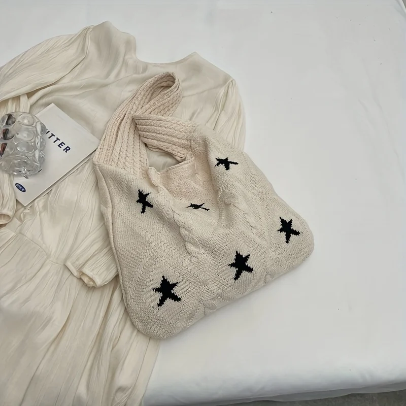 حقيبة حمل محبوكة بنمط نجمة، حقيبة كروشيه جمالية للنساء، منسوجة قديمة للسفر والشاطئ #3