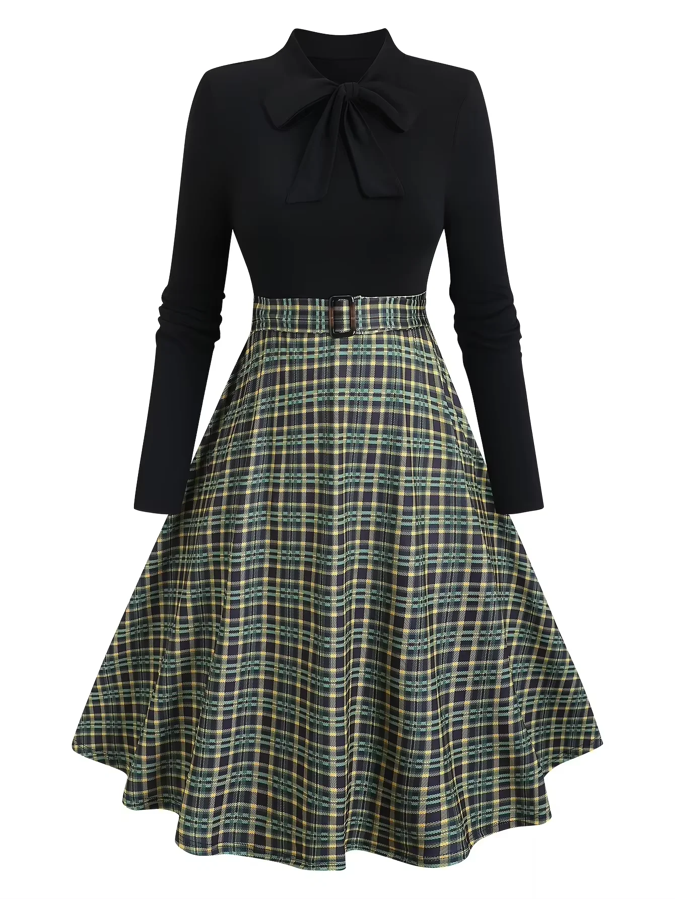 

Retro plus Size Dark Green Plaid Knit Dress Vintage Women's Fashion Ladies' Clothing Comfortable Classic Style