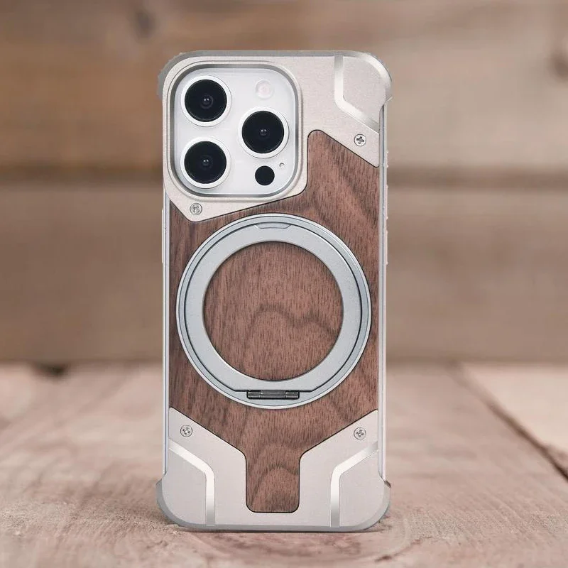 

Walnut Wood Wireless Charging Magnetic for Magsafe Phone Case for iPhone 16 15 14 13 Pro Max Plus Stand Cases Frameless Cover