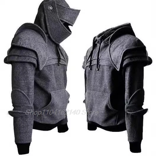 in stock Halloween Sweater Male Knight Hooded Elbow Pads Drawstring Mask Pullover Kangaroo Bag Solid Color Coat Sweater Cos Suit