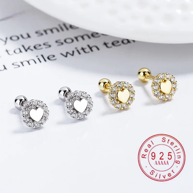 925 Sterling Silber Herz Zirkon Ohrstecker, Halo Schraubverschluss Ohrpiercing, Hypoallergener Schmuck für Frauen