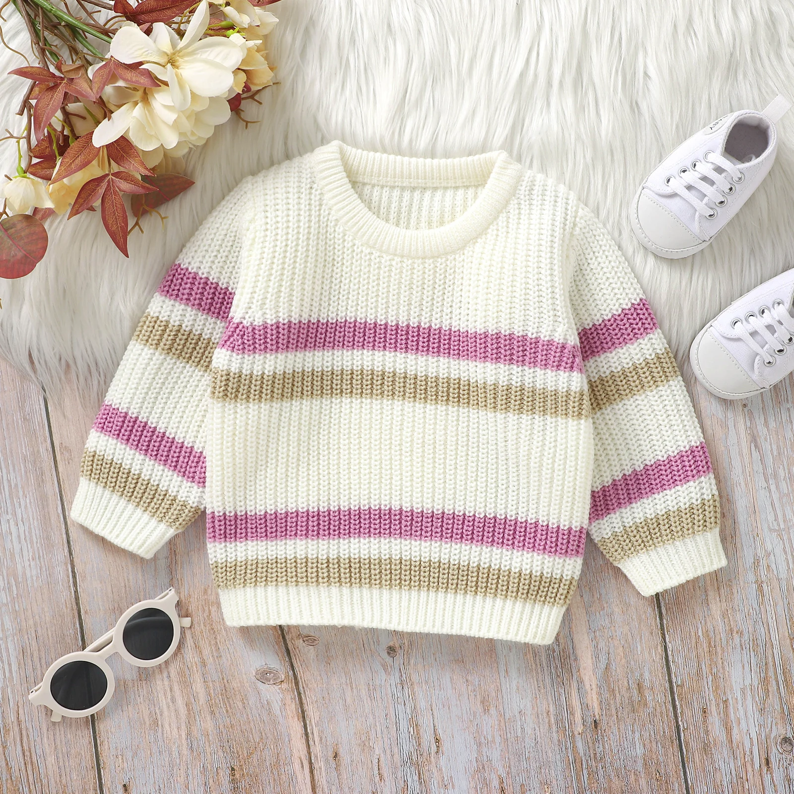 Infant Baby Boy Girl Stripe Sweater Knitted Warm Long Sleeve Chunky Knitwear Children Cottton Pullover 0-3 Years Jumpers