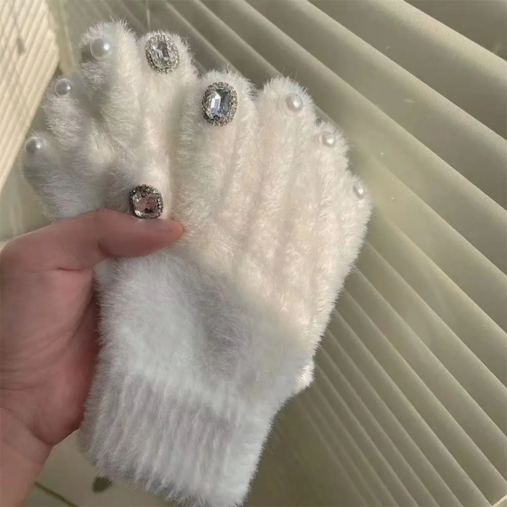 Thickened Knitted Gloves Rhinestone Pearl Nail Decoration Soft Fluffy Mittens Outdoor Winter Warm Windproof Mittens