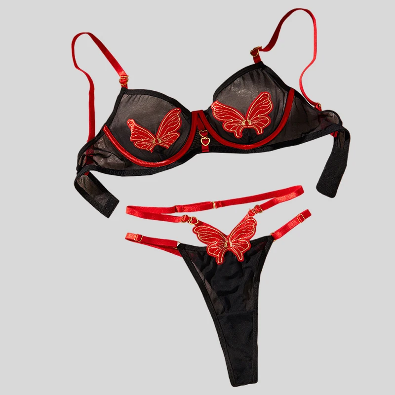 

Tornova Hot Panty Embroidery Butterfly Mesh Contrastcolor Versatile Slim Exposed Navel Seductive Romantic Intimate Underwear Set