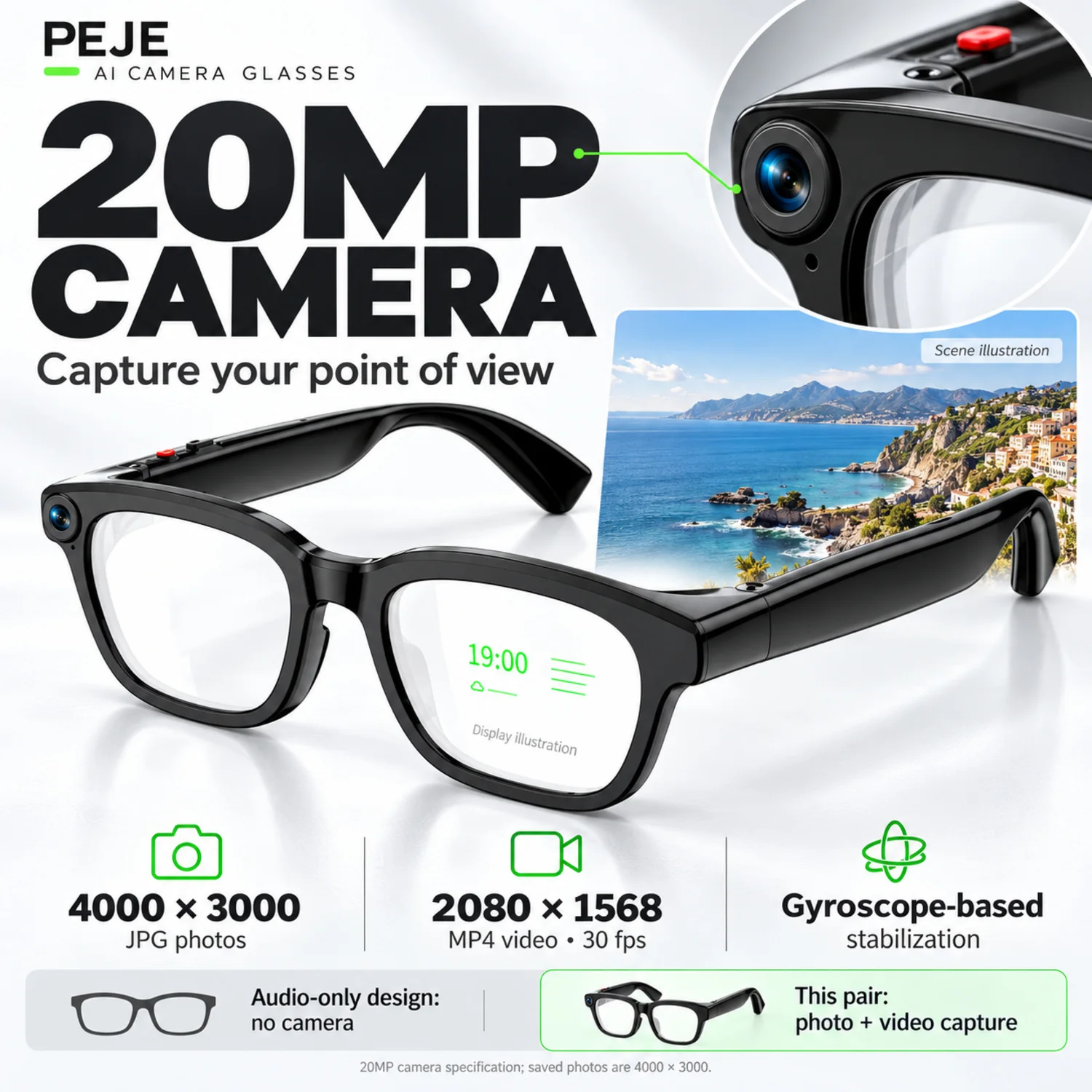 PEJE AI Smart Glasses with 20MP Camera, Monocular Waveguide Display, Voice Assistant, Photo Video & 100+ Language Translation