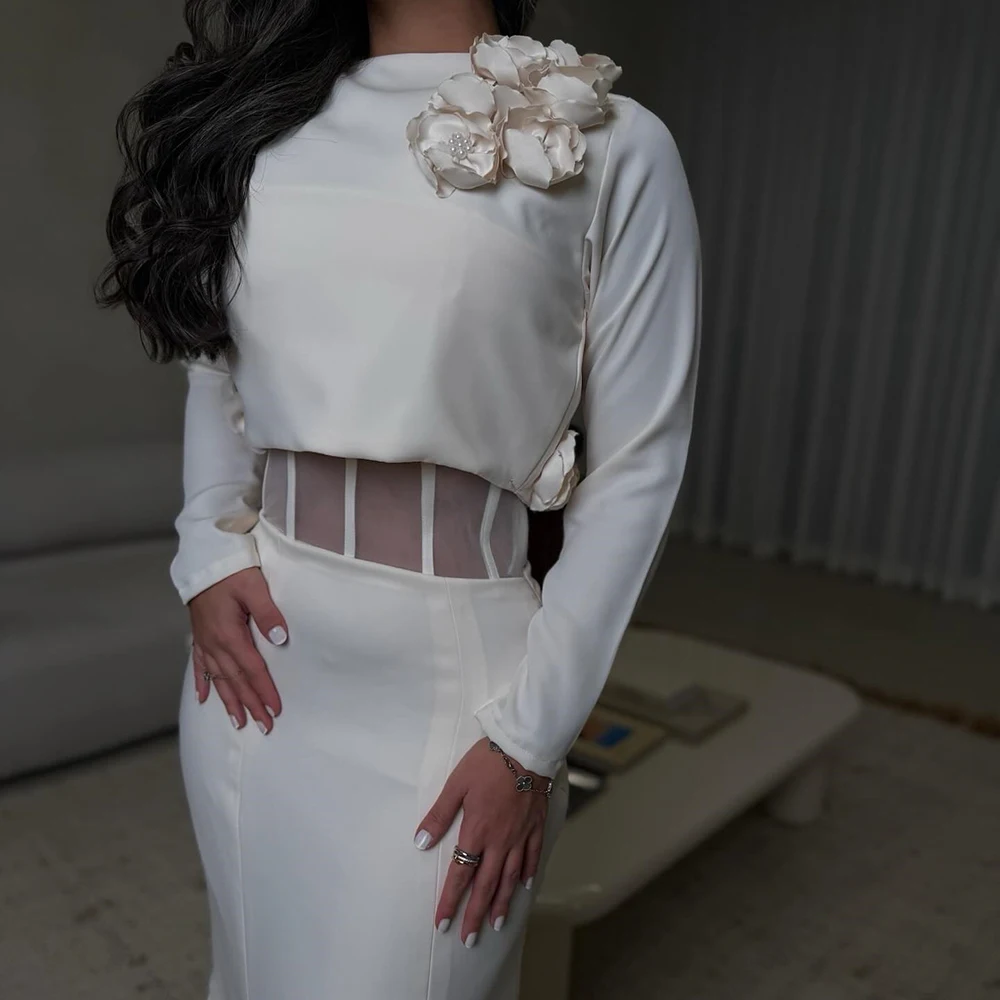 Customized A-line Evening Dresses Floor-length High-neck Full Sleeve Prom Gown Fashion Beading Flowers Simple Draped Party Gown