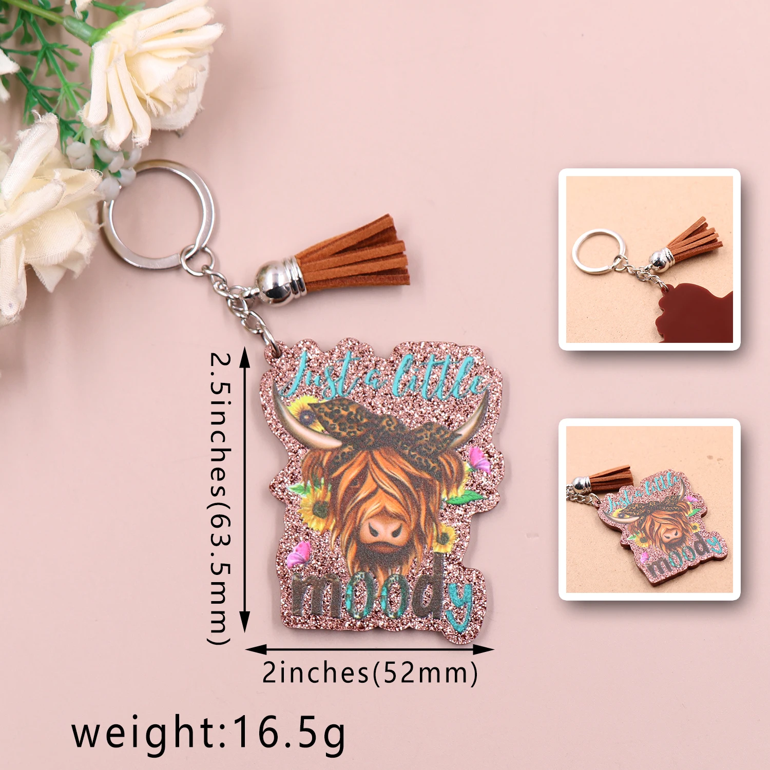 1piece New product CN Just a little moody Keychain, western cow TRENDY glitter Acrylic Keychain