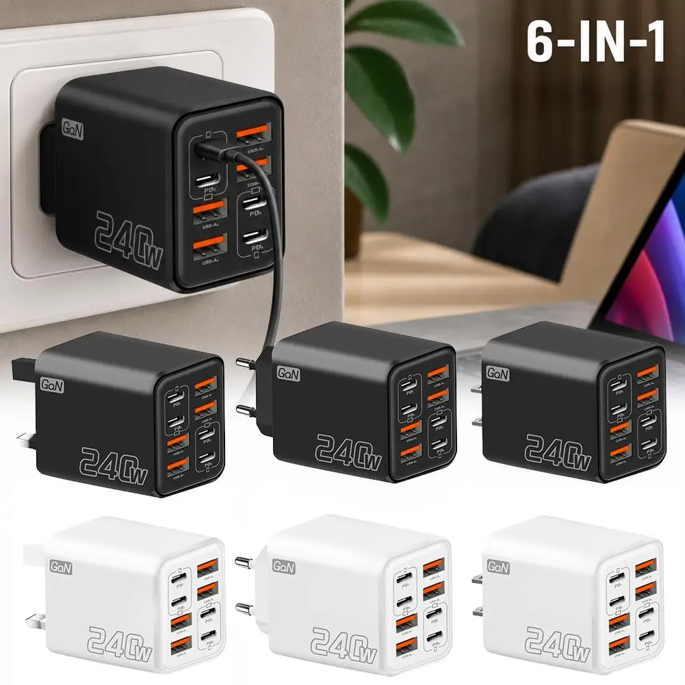 240W 6 in 1 USB C GaN Charger Fast Charging Phone Charger Power Adapter For iPhone Samsung Xiaomi EU/US/UK Plug Travel Charger