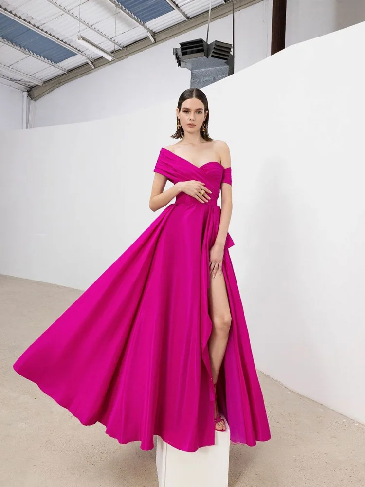 OEING Rose Red A-Line Prom Dresses Elegant Pleated Side Split Evening Dress For Women Formal Occasion Gowns Vestidos De Novia