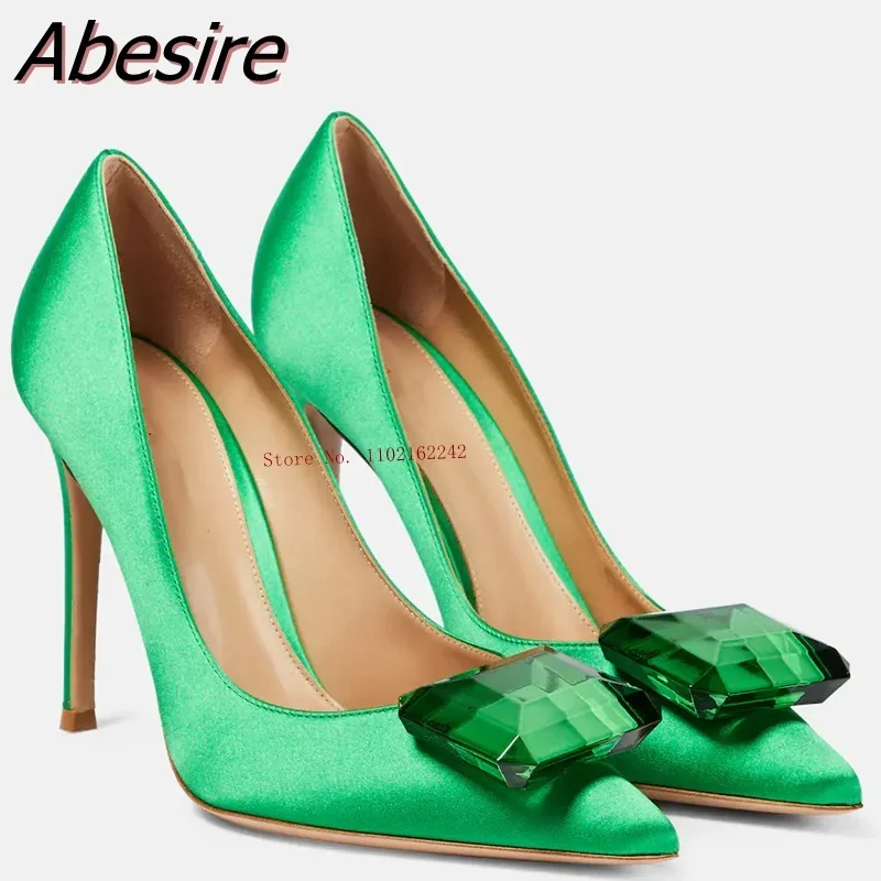 

2023 New Spring Emerald Pumps Shoes Simple Fashion Pointed Stiletto Sexy Satin Roman High Heels 8/10/12cm Party Dress Summer 46