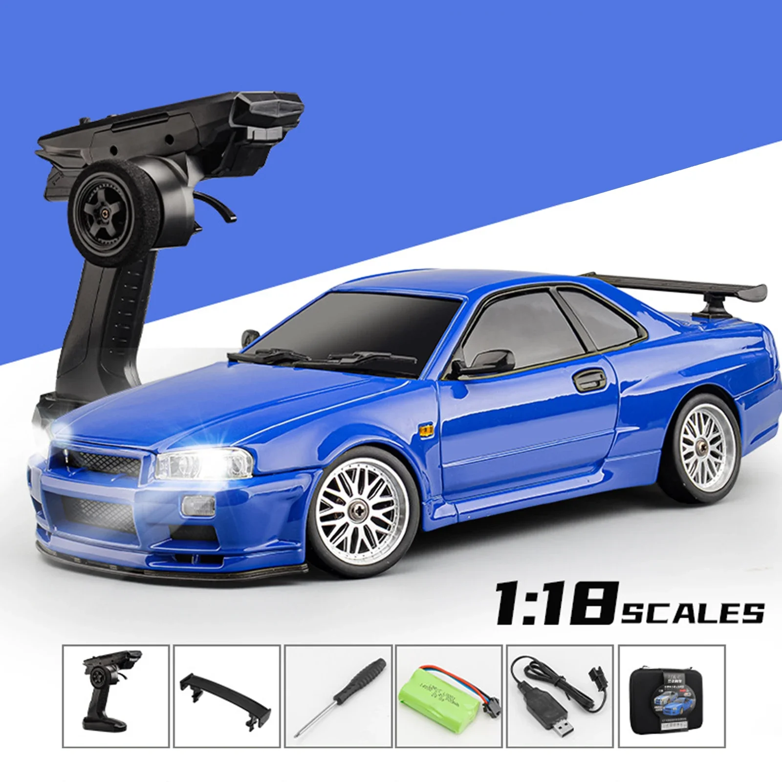 

New 1/18 Metal Remote Control Car LD1899 2.4G GTR R34 Drift RC Car Alloy body shell with LED Light Built in Gyroscope Toys gifts