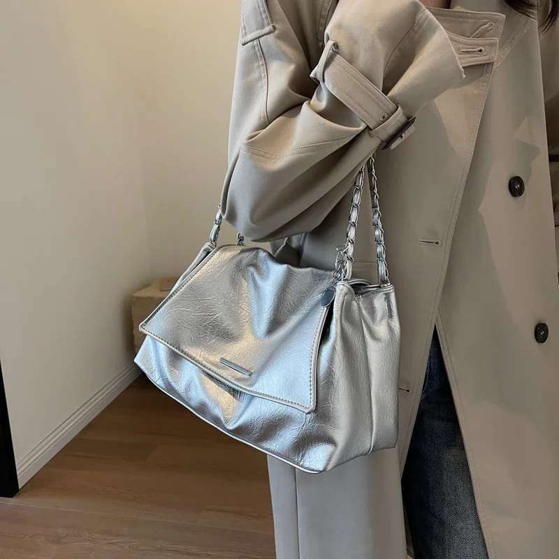 Ladies Handbag Women Fashion Bags Brand Designer Silver Shoulder Bag Large Capacity Female Bag Soft Leather Underarm Bag Totes