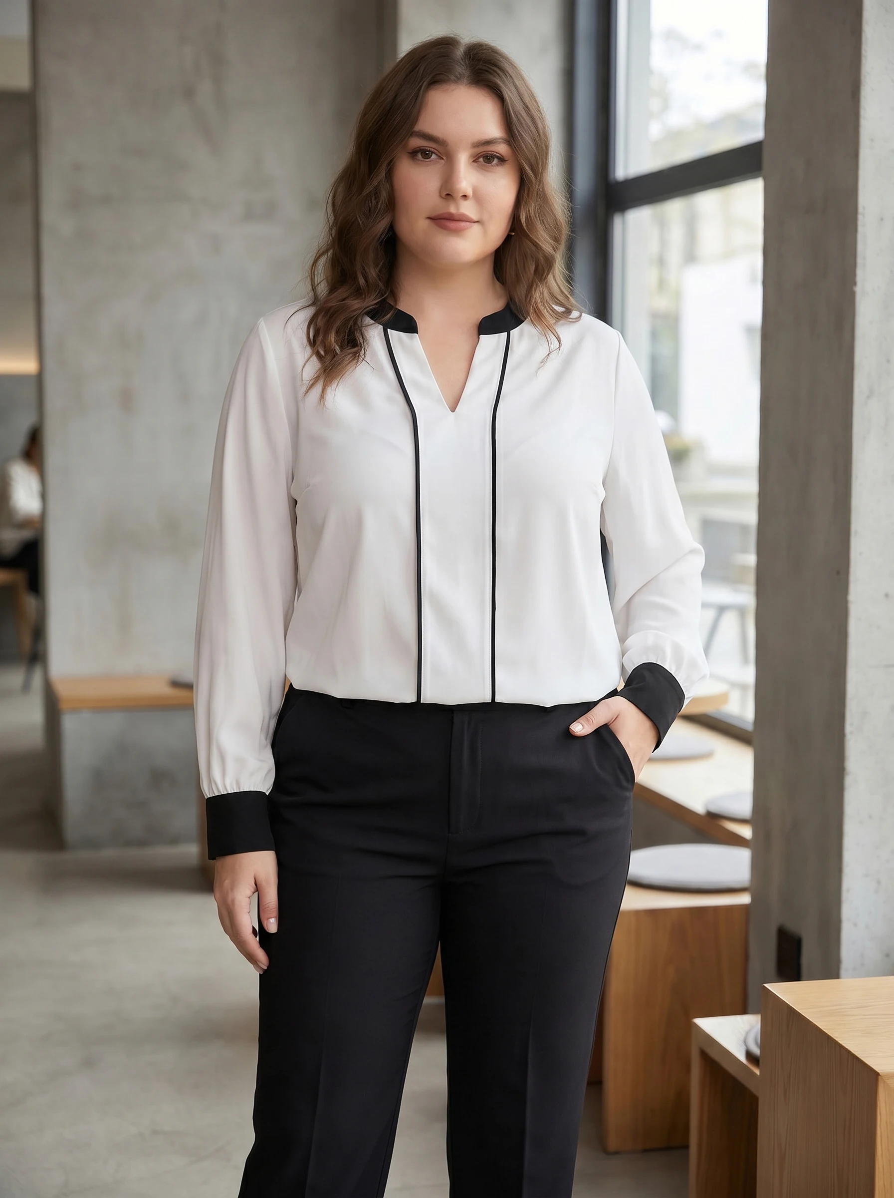 Rosa Fera Plus Size Women Blouse V Neck Long Sleeve Shirt Contrast Trim Loose Casual Office Top