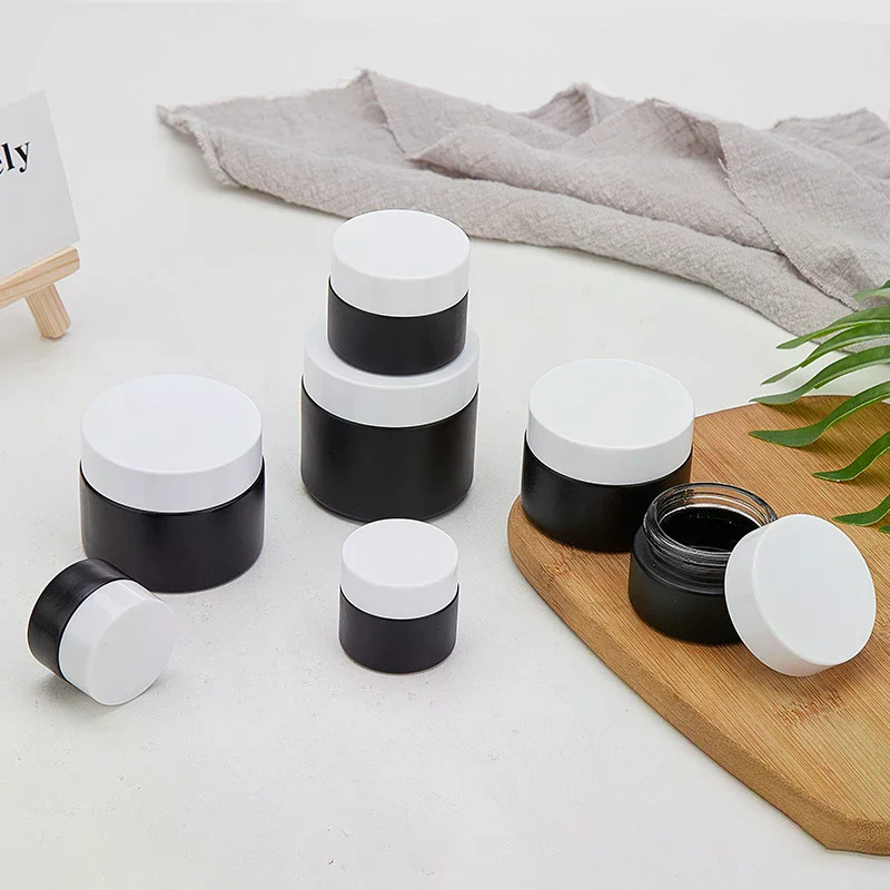 Frascos vazios com tampa de plástico, frasco de creme de vidro preto, recipiente cosmético, garrafa de vidro de 10/30/60g, recipiente de maquiagem, frascos cosméticos de viagem