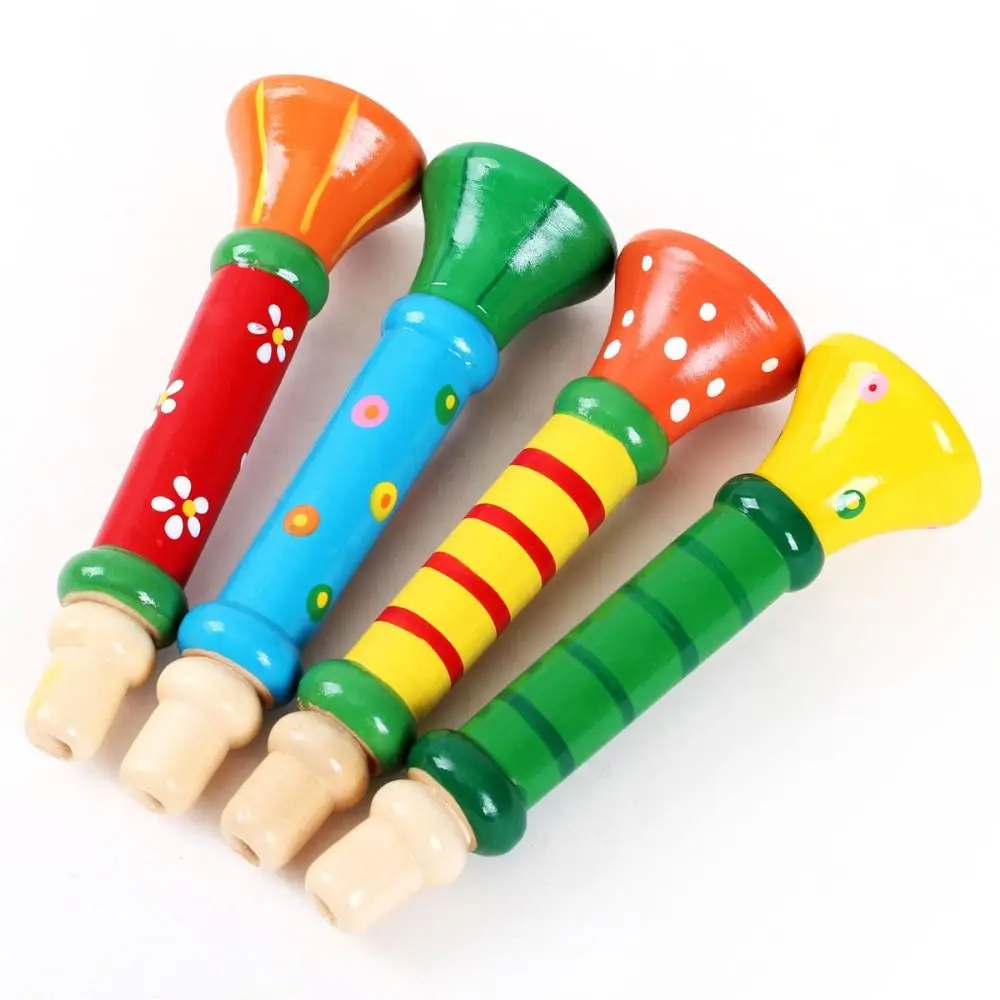 Montessori Wooden Trumpet Early Educational Sound Training Games Whistle Musical Instrument Random Color Cartoon