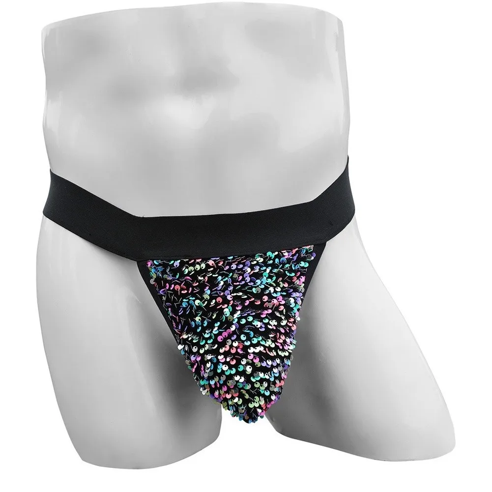 Men Jockstrap Wide Elastic Waistband Sparkly Glitter Front Pouch Hollow Out Back Sports Support Thong Sexy Intimate Lingerie