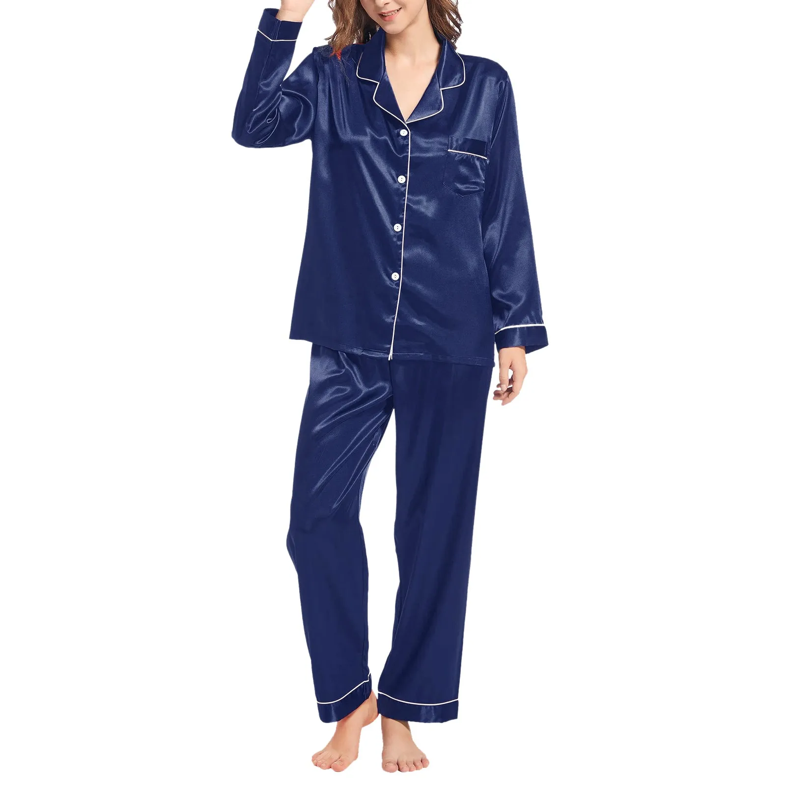 Womens Silk Like Pajamas Long Sleeve Set Two Sleepwear Button Down Nightwear Petite Pajama Set Wedding Getting Ready Outfit