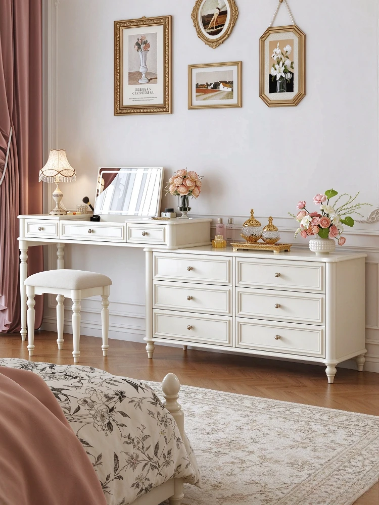 Household Furniture All Solid Wood Dressing Bedside Table With Stool Cream Wind For Easy Storage Bedroom Furniture Dresser