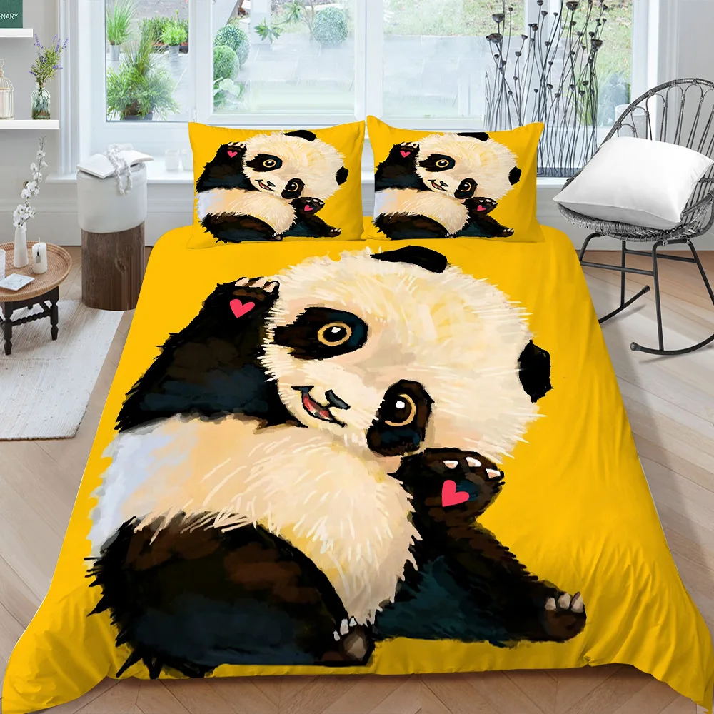 

Panda Bedding Set For Kids Boys Girls Cute Cartoon Giant Panda Duvet Cover Set King/Queen Size Yellow Soft Polyester Quilt Cover