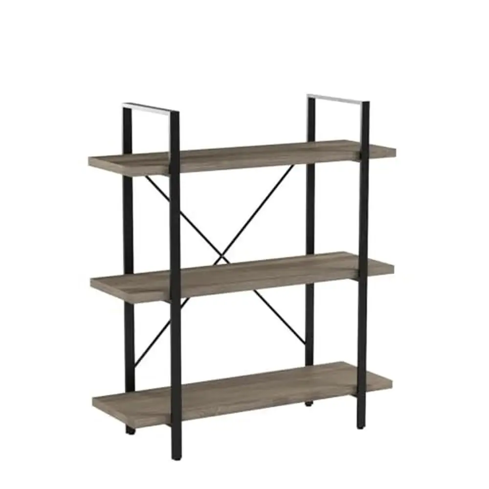 Vintage Industrial 3-Shelf Bookcase Display Tower Sturdy Rustic Gray Bookshelf Tiered Shelves Wooden Metal Home Office Living