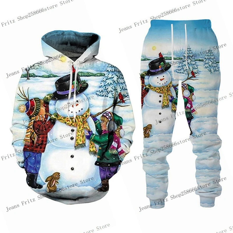 3D Print Hoodies Suit Christmas Santa Claus Man Woman Tracksuit Pants 2pcs Sets New Year Holiday Party Kids Pullover Hooded