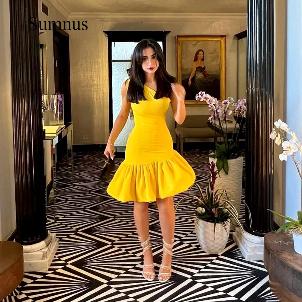 Sumnus Yellow Mini Mermaid Evening Dresses One Shoulder Pleated Asymmetric Short Cocktail Party Dress Robe de Soiree Customized