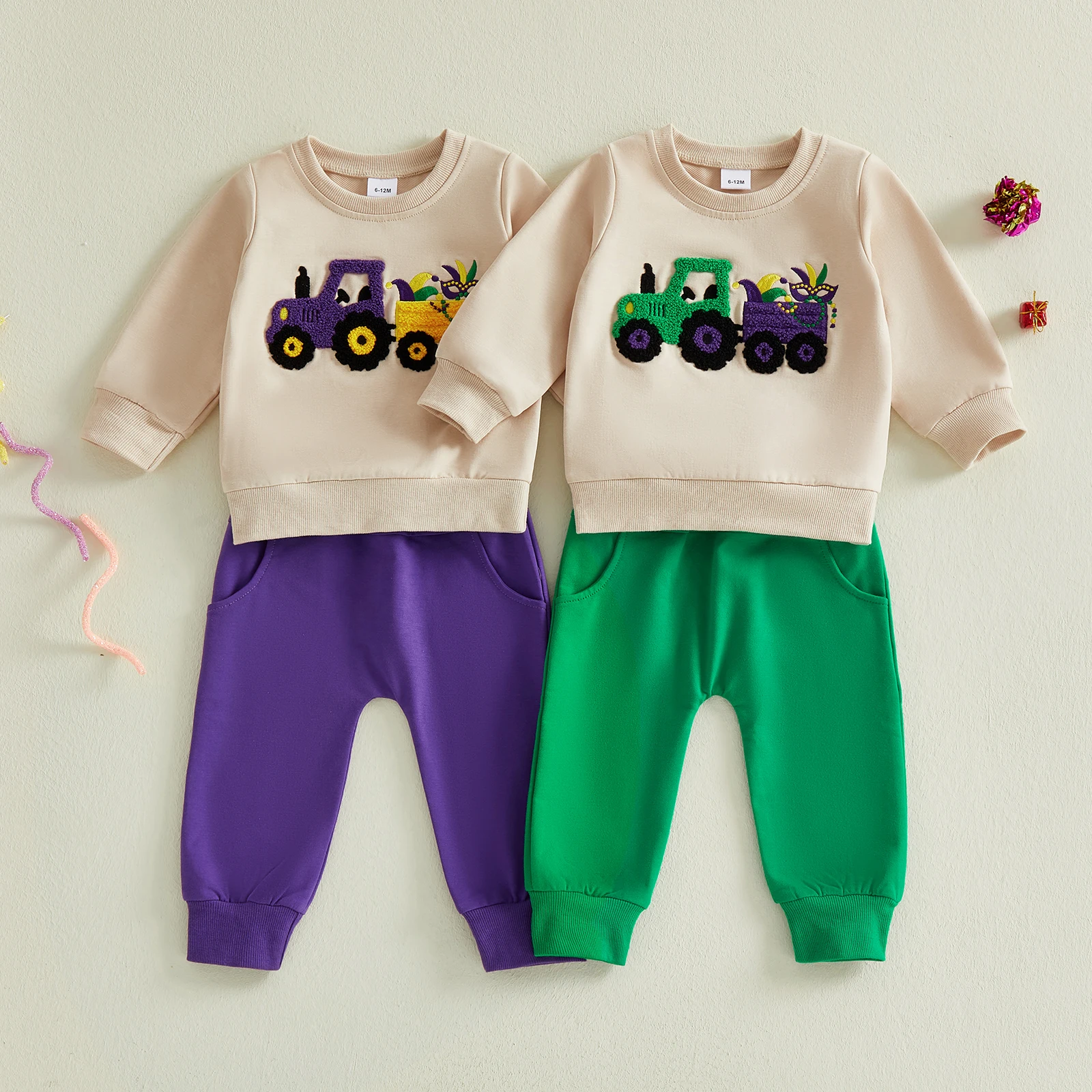 Boys 2-piece Outfit, Long Sleeve Embroidery Tractor Sweatshirt with Elastic Waist Sweatpants MardiGras Outfit 0-3T