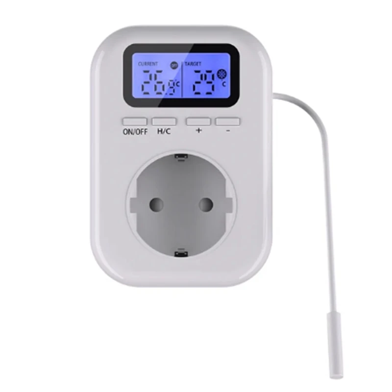 220V Temperature Controller Plug With Sensor, Digital Thermostat Plug For Greenhouses EU Plug White Plastic 1 PCS