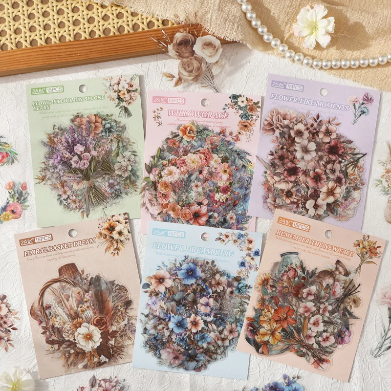 15 Blatt Retro-Blumenstrauß- und Vasen-Aufkleberpaket, zarte Linienkunst und weiche Töne, leicht abziehbar für Tagebuchakzent und kreativ