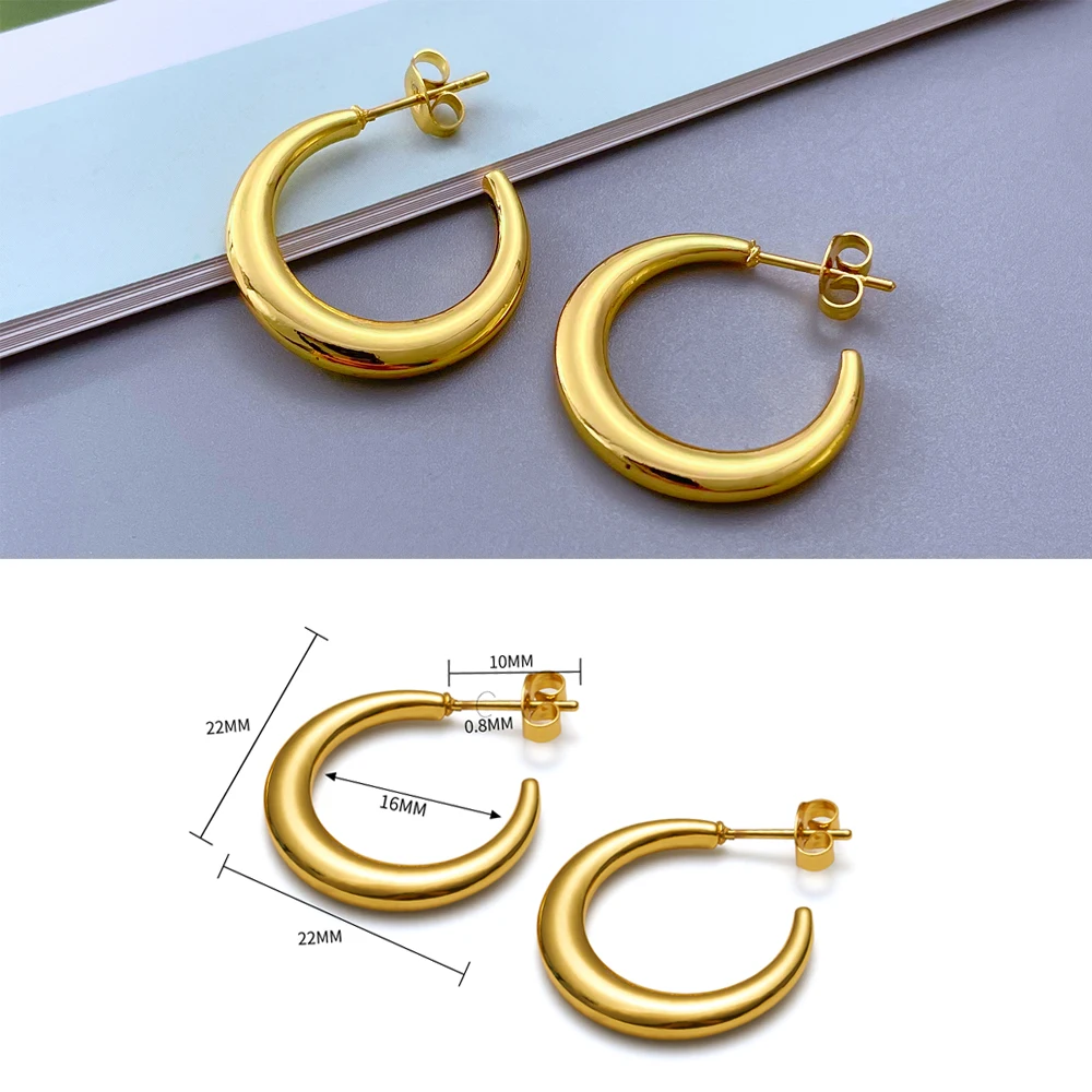 22mm C Hoop Earrings Seamless Push-in Closure No Clasp Stainless Steel Gold Earrings for Women Jewelry Making DIY Components