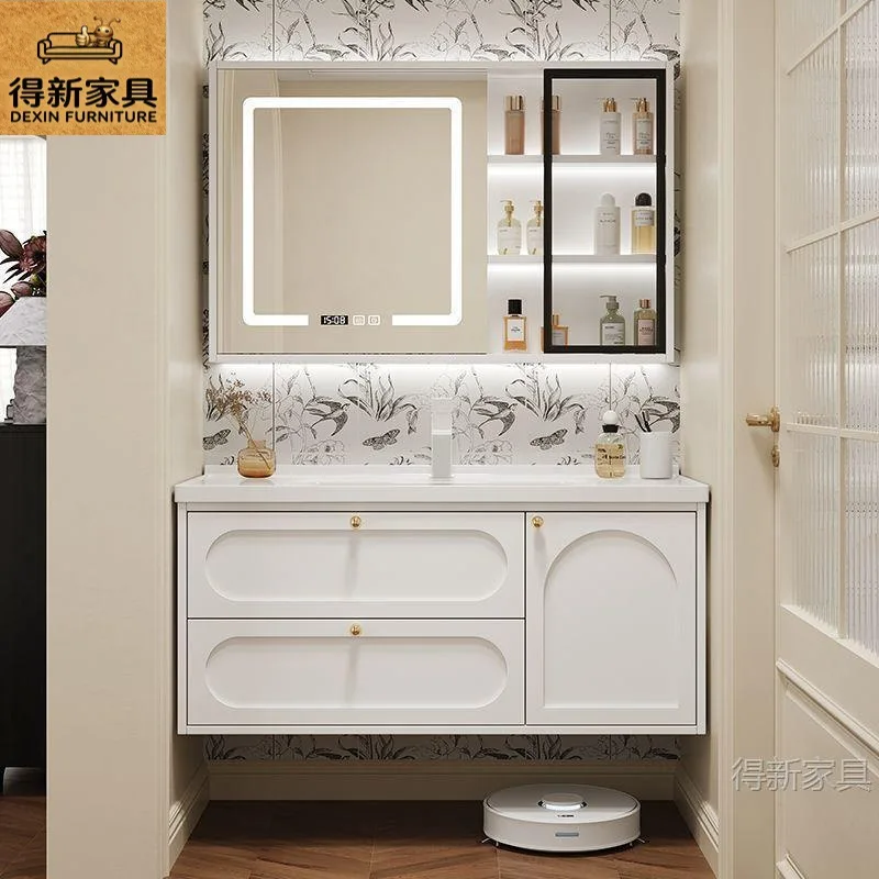Storage Bathroom Cabinet Washbasin Ceramic Integrated Basin Bathroom Cabinet Washbasin Cabinet Light Luxury Household Solid Wood