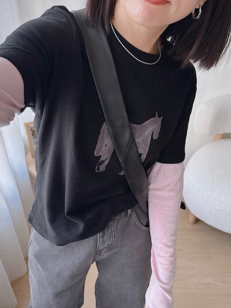 

Floral Ice Cr Long Sve T-irt Women's Sle Versatile Age-Defng Print Color Blo Base Layer Top for Autumn Winter