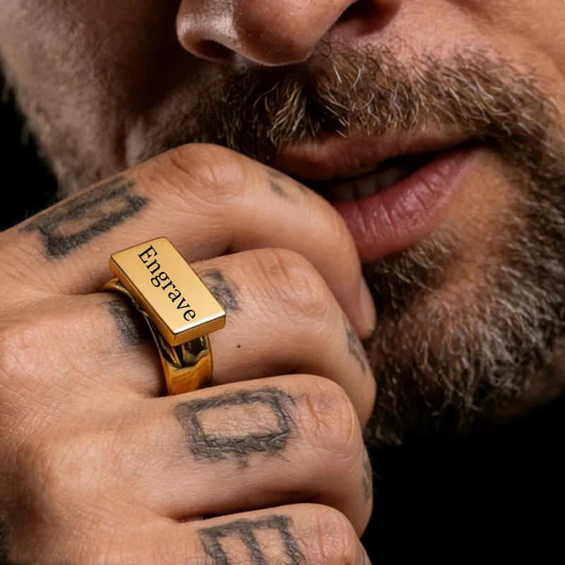 Personalized Engraved Name Photo Ring For Men Customized Adjustable Stainless Steel Rectangle Ring Hiphop Geometric Jewelry Gift
