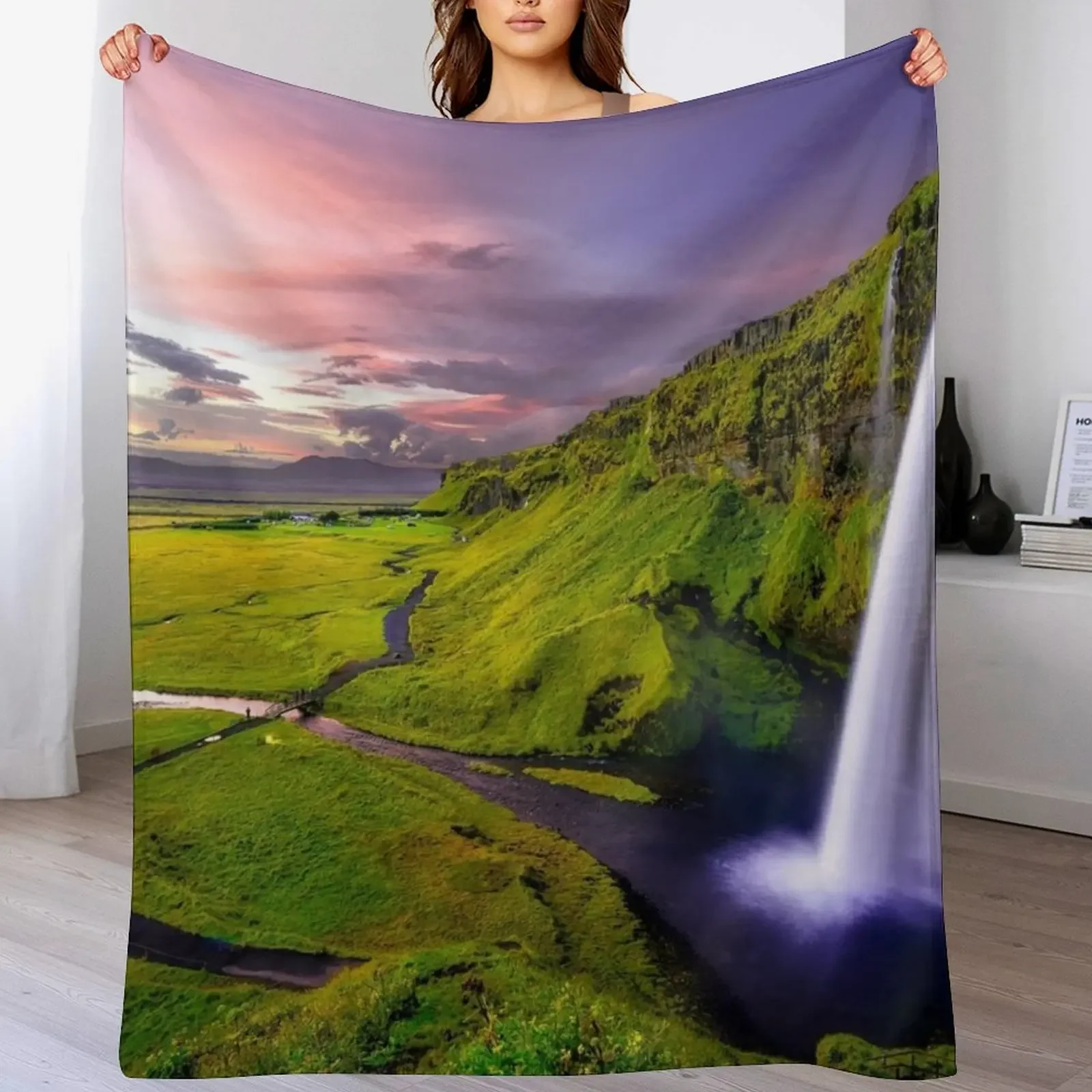 

Iceland Seljalandsfoss waterfall and surrounding green cliff landscape nature color photograph Throw Blanket Thin Warm Blankets