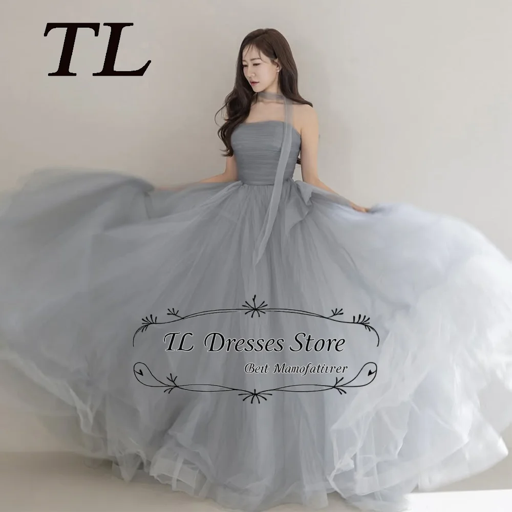 

TL Strapless Dusty Blue Korea Evening Dress Customised Backless Sleeveless Formal Gown Photo Shoot Tiered Wedding Party Dress
