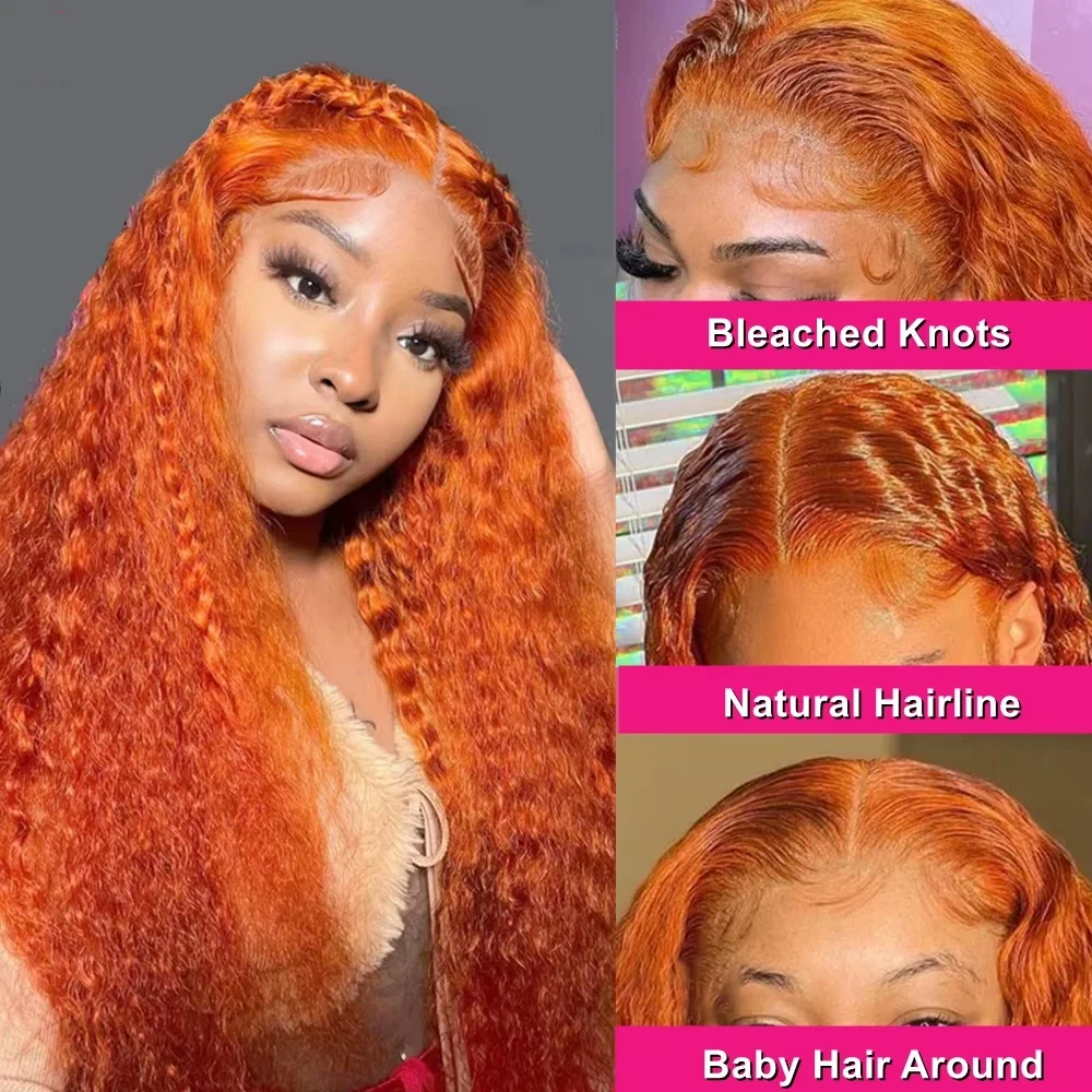 Perruque Lace Frontal Wig naturelle, cheveux humains, couleur Orange, vague d'eau, 13x6 Hd, pre-plucked, Deep Wave, 30 pouces, gingembre