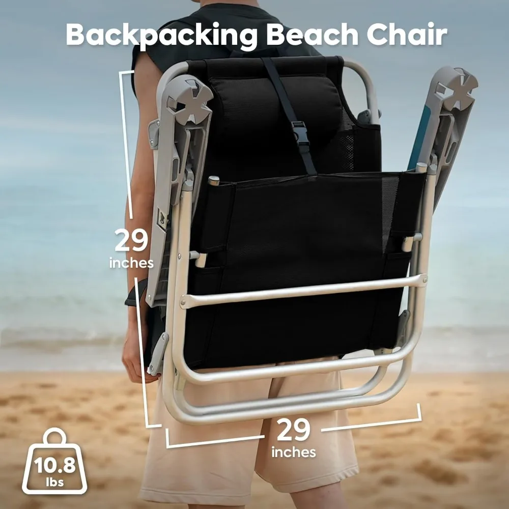 Cadeiras de praia para mochila para adultos, cadeira de praia reclinável de 5 posições, cadeiras de praia dobráveis resistentes, cadeira de acampamento plana