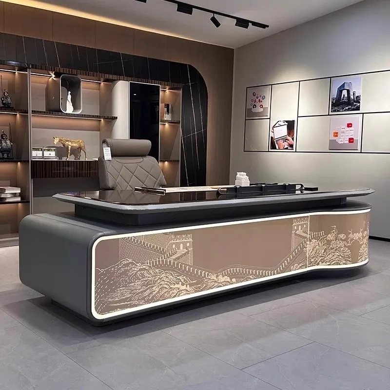 

New Chinese High-end Boss Desk, Modern Light Luxury Desk, Chairperson's Office, President's Desk And Chairs With Lights