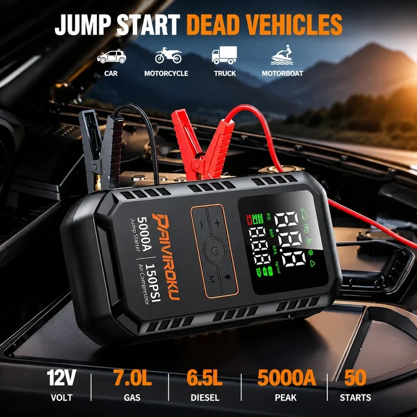PAIVIROKU 4-IN-1 Car Jump Starter with Air Compressor 5000APeak Auto Battery Booster 150PSI Air Pump Power Bank Tire Inflator