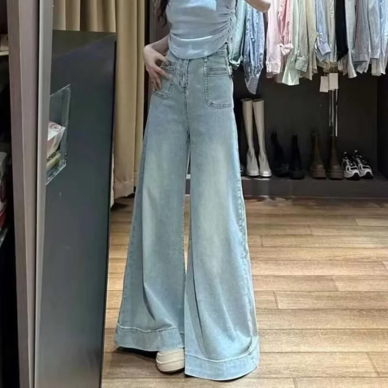 Vaqueros Vintage para mujer, ropa vaquera plisada Y2K, moda de estilo coreano, cintura alta, holgado, negro, ropa informal estética Harajuku