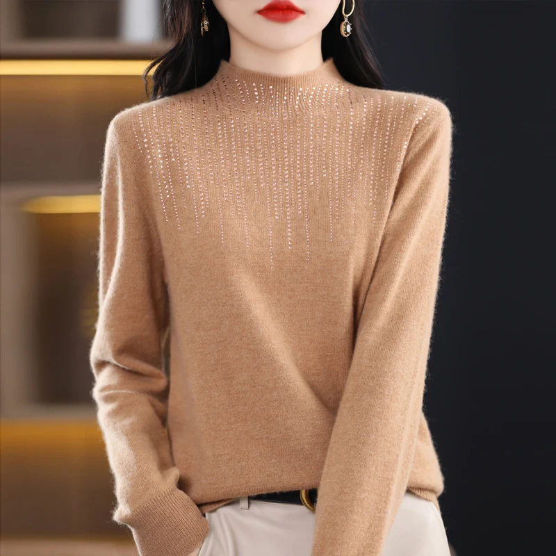 Fall/Winter Half-high Neck 100% Pure Wool Knitwear Lady\'s Diamond-Encrusted Bottoming Shirt Commuter Loose Sweater