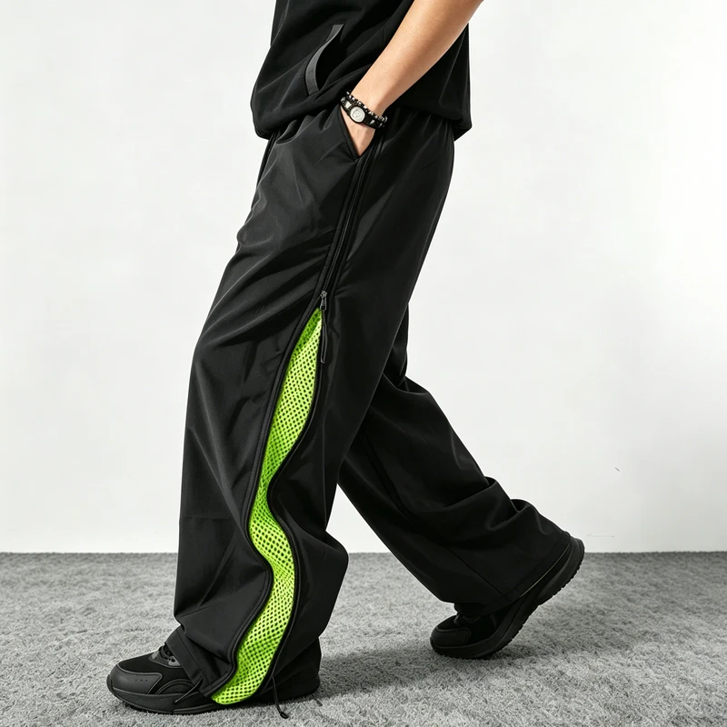 Men American Parachute Pants Side Double Zipper Mesh Breathable Outdoor Sports Pants High Street Trousers Hip Hop Jogger Pant