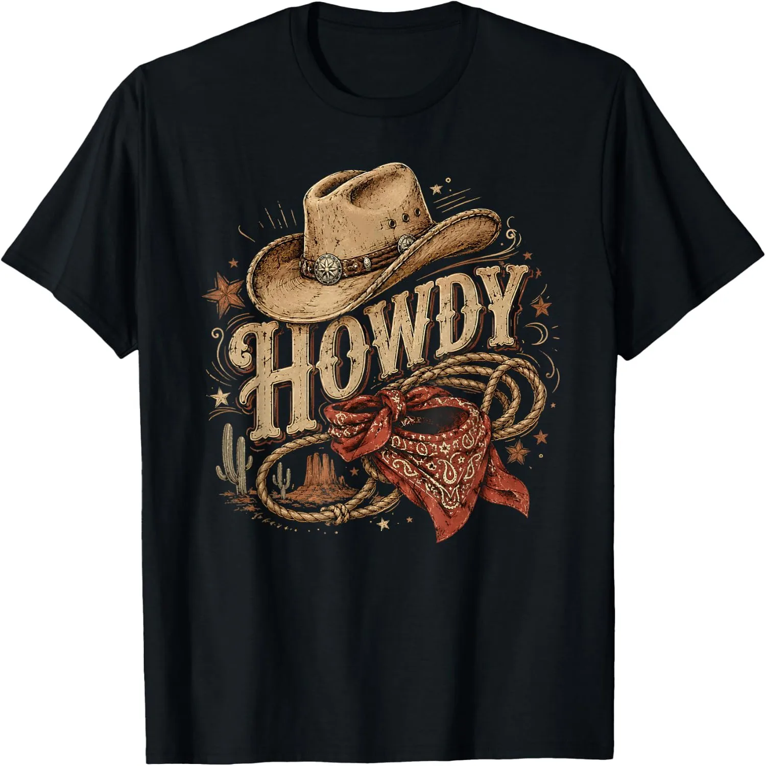 Howdy Cowboy Hat Lasso Bandana Retro Western Desert Cactus T-Shirt